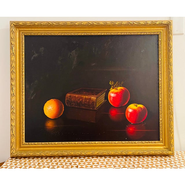 Spectacular vintage Italian still life with apples chromolithograph in gold frame.