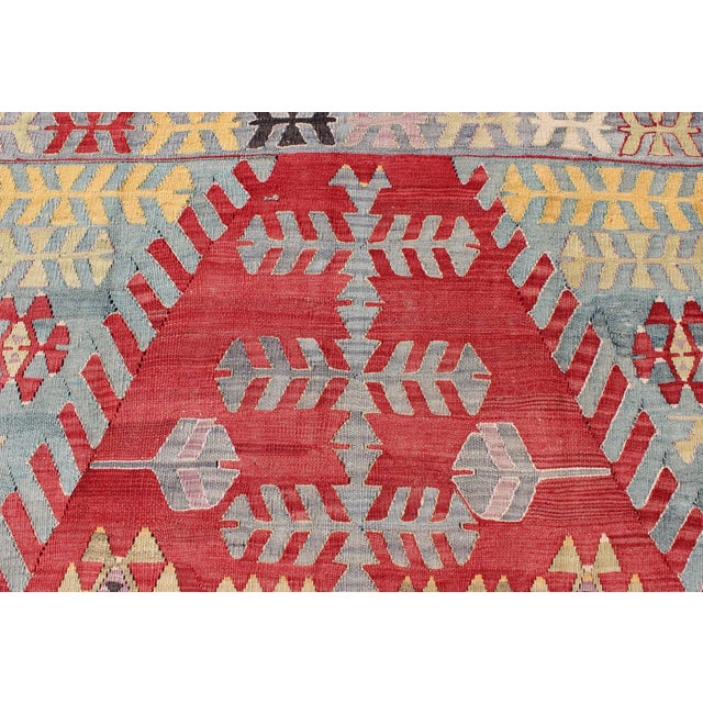 Vintage Turkish Kilim Flat-Weave Rug With Geometric Design in Red, Yellow, Green For Sale - Image 9 of 12
