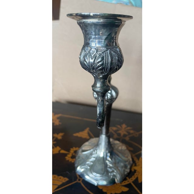 Metal Mid 20th Century Silver Plate Single 3 Light Candelabra Candle Holder For Sale - Image 7 of 11