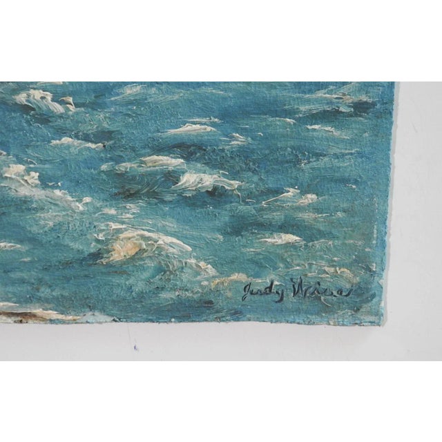 Mid 20th century oil on Masonite painting of coastal scene with sand dunes and seagulls. Signed Judy Wise lower right...