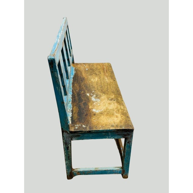 Rustic Early 20th Century Rustic Distressed Blue Wooden Bench With Geometric Cutout Backrest For Sale - Image 3 of 8