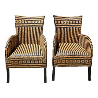 Vintage Palecek Woven Leather Arm Chairs- a Pair For Sale