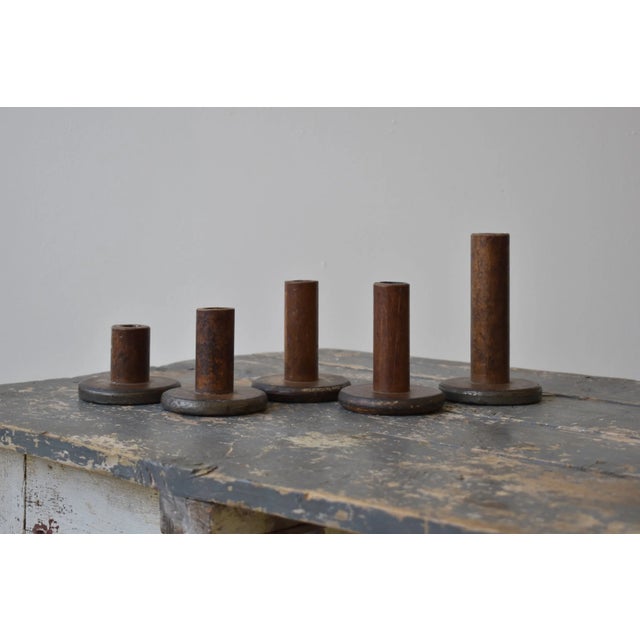 American Vintage Folk Art Repurposed Textile Spool Candleholders, Set of Five, Circa 1950s For Sale - Image 3 of 10