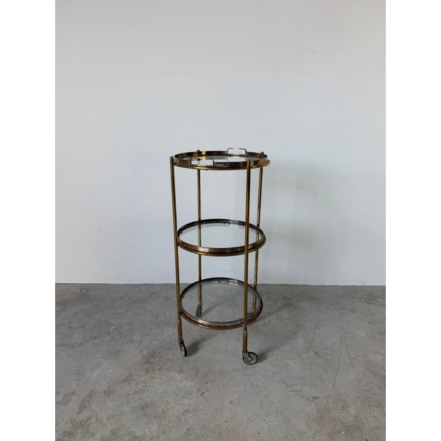 1970’s Maison Jansen Style Italian Hollywood Regency Brass & Glass Three-Tier Rolling Bar Cart With Removable Trays For Sale - Image 12 of 12