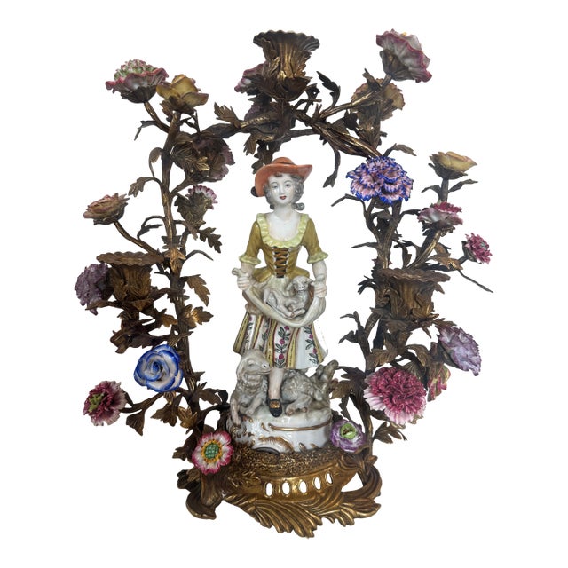 French Rococo Bronze and Porcelain Sheperdess Candleabra For Sale
