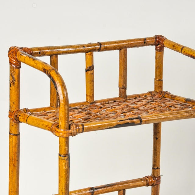 Bent Burnt Bamboo Wall Shelf With Woven Split Wood Platforms Two Tier 1970's For Sale In Rochester - Image 6 of 8