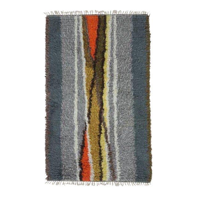Vintage Swedish Rya Rug With Gray and Orange Vertical Geometry - Rug & Kilim For Sale