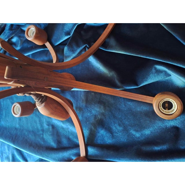Brown Teak Variable Height Chandelier with Five Arms from Domus, Denmark, 1970s For Sale - Image 8 of 9