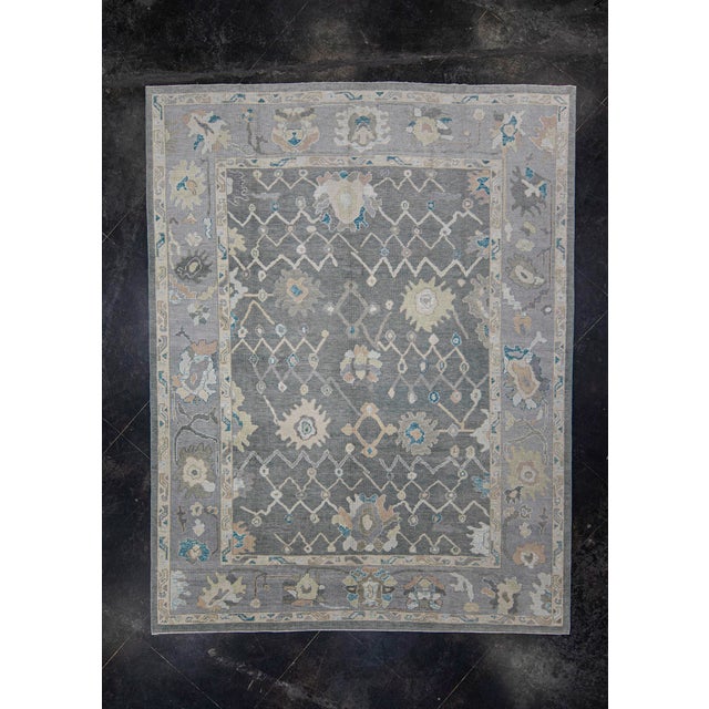 Turkish Oushak Rug Gray, Ivory, and Blue Handwoven Wool Rug 8'11" X 11'8" For Sale - Image 9 of 9