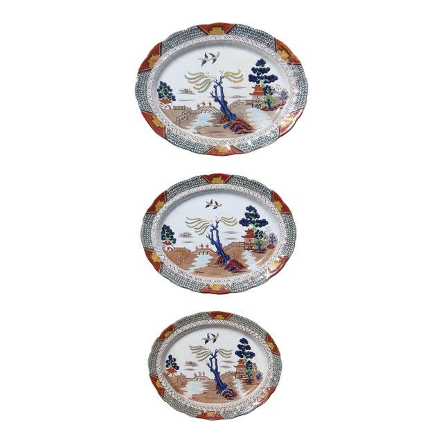 Rare Set of Three Platters Ac Harley Jones Stoke on Trent Ye Olde Chinese Willow For Sale