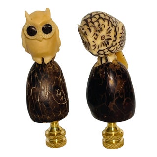 1970s Carved Owl Figurines Lamp Finials - a Pair For Sale