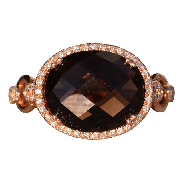 The 84th Avenue: Checkerboard Cut Smokey Quartz and Diamond Halo Ring in Rose Gold For Sale