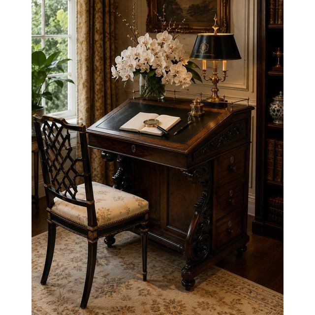 19th-century Victorian mahogany Davenport desk featuring an elegantly sloped black leather writing surface. The lift-up...