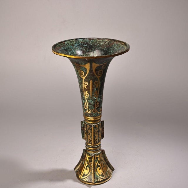 Bronze Bronze Gu Vase With Gold Inlay & Inscribed Markings, Archaic Scroll Motif, Tall Flared Ritual Style Bronze Vessel For Sale - Image 8 of 9