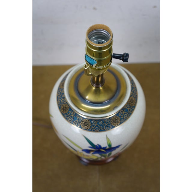 Late 20th Century Vintage Japanese Floral Irises Kingfisher Bird Ginger Jar Vase Urn Lamp 25" For Sale - Image 5 of 13