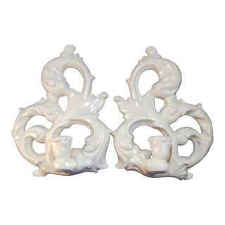 1964 Pair of Iridescent White Ceramic Pottery Candlestick Wall Sconces For Sale