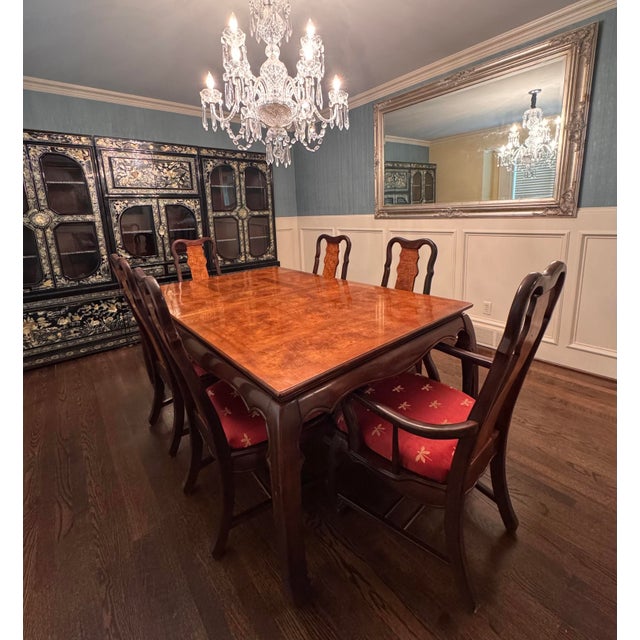Chinoiserie Vintage Asian-Inspired Burl Wood Dining Table & 6 Chairs Set For Sale - Image 3 of 8