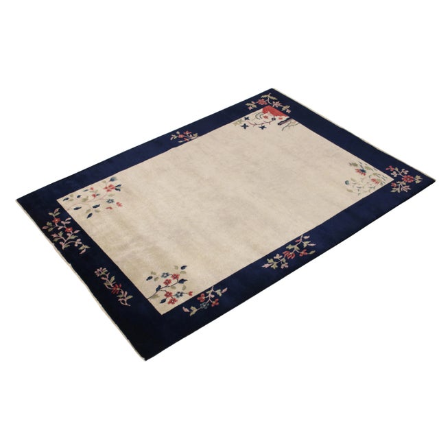 Art Deco Vintage Chinese Deco Style Rug, Off-White Field, Blue Border, Red Green Florals For Sale - Image 3 of 7