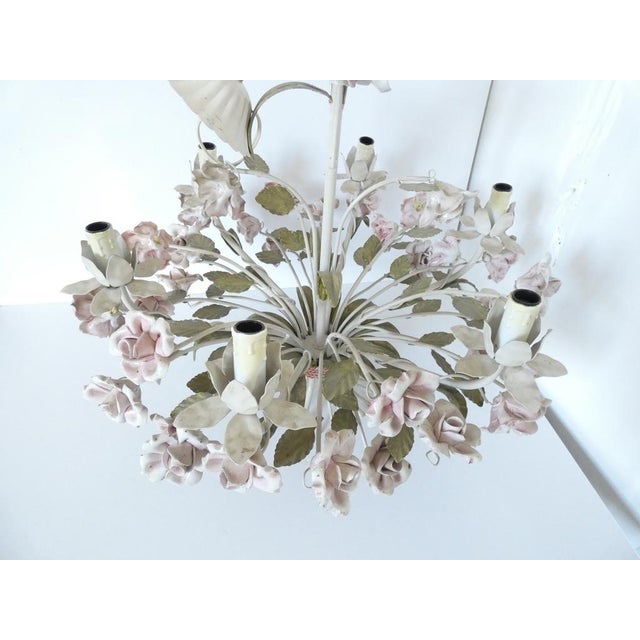 Vintage French Tole Chandelier with Porcelain Roses For Sale - Image 5 of 10