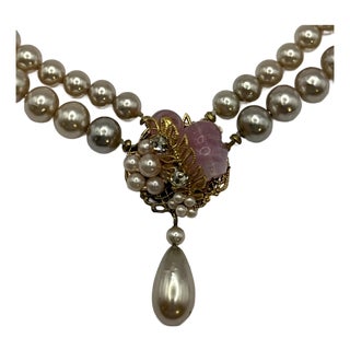 1940s Miriam Haskell Pink Poured Glass Faux Pearl Double Strand Necklace Early Unsigned For Sale
