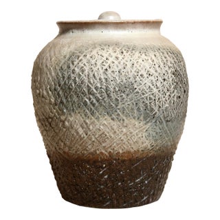 Handmade Textured Studio Pottery Ceramic Lidded Vessel in Cream, Gray & Earth Tones With Crosshatch Surface For Sale