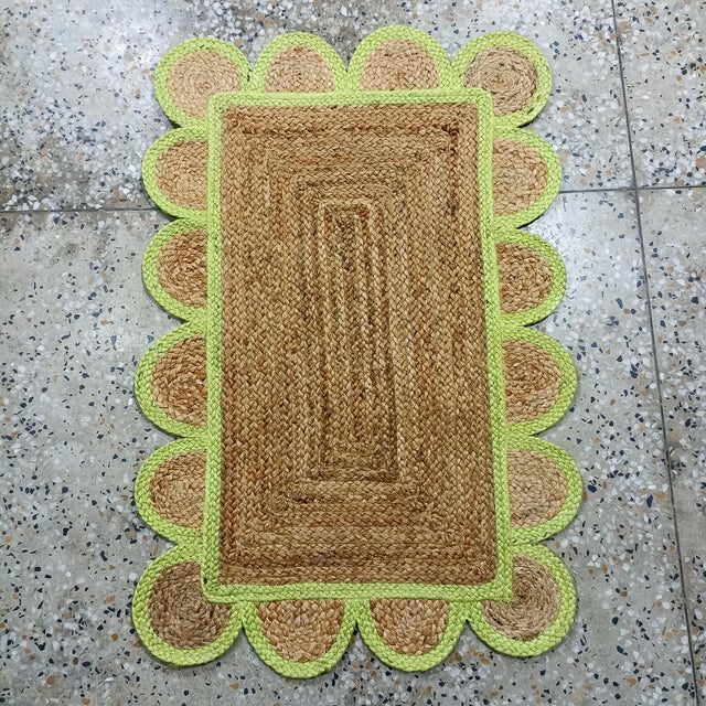 Handwoven Natural Jute Bath Rug With Light Green Scalloped Border For Sale - Image 9 of 11