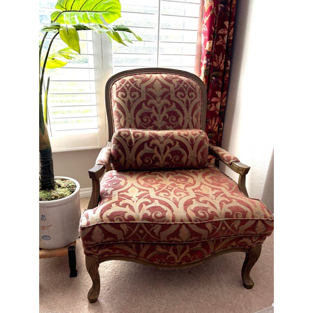 French Provincial Pair of Vintage Homestead House French Provincial Upholstered Bergère-Style Armchairs For Sale - Image 3 of 11