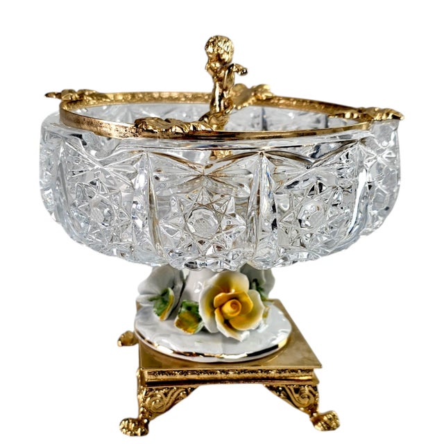 Baroque Regency Crystal & Gilded Metal Pedestal Ashtray – Cherub & Porcelain Flowers For Sale - Image 4 of 12