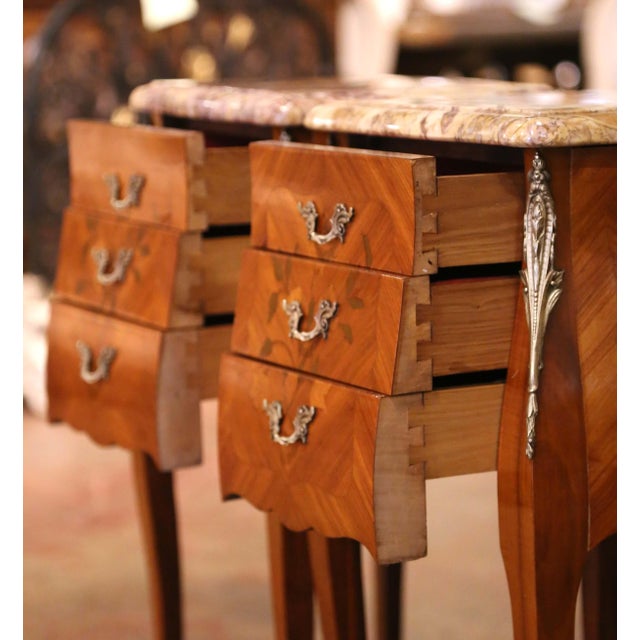 Brown Pair Mid-Century French Louis XV Marquetry Bedside Tables With Marble Tops For Sale - Image 8 of 11