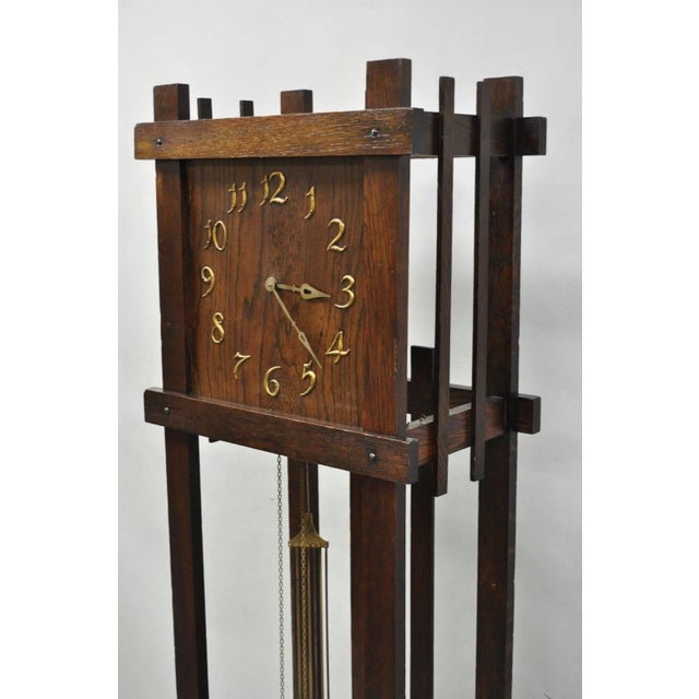 Antique Mission Arts and Crafts Oak Wood Tall Case Grandfather Clock For Sale - Image 10 of 17