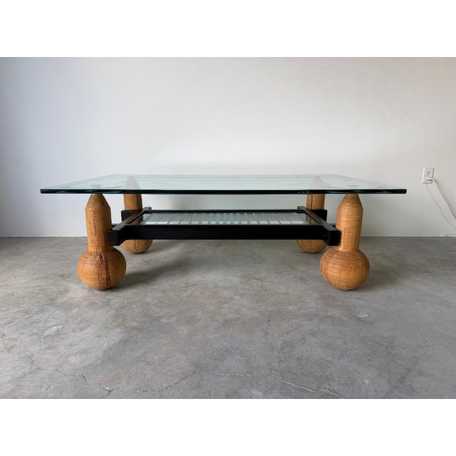 1980s Italian Postmodern Sculptural Turned Wood & Glass Two-Tier Rectangular Coffee Table For Sale - Image 14 of 17