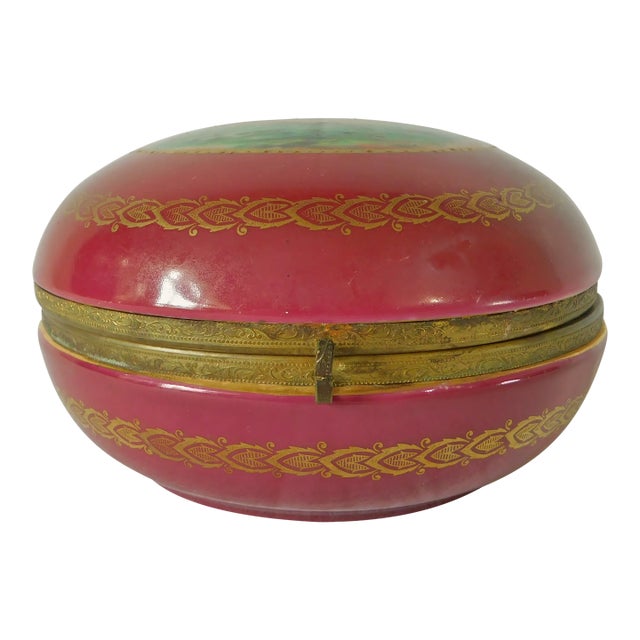 Large Vintage Germany Round Hand Painted Pink & Gold Figural Porcelain & Brass Triinket Jewelry Box For Sale
