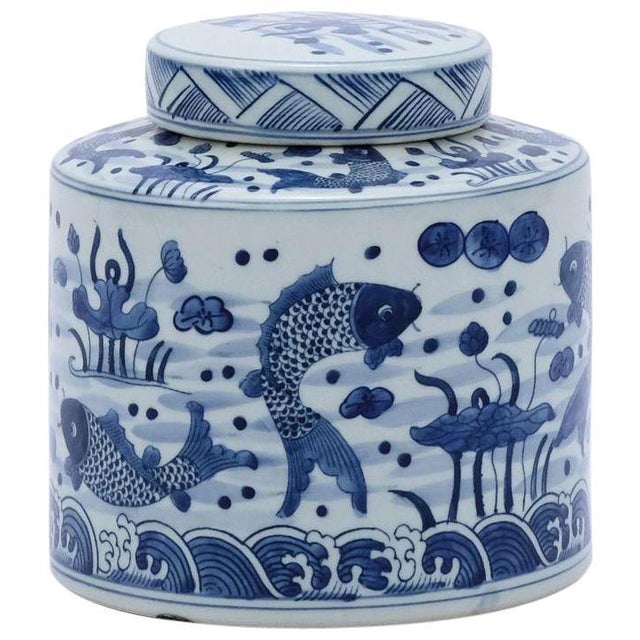 Contemporary Fish Cylinder White & Blue Tea Jar For Sale - Image 3 of 3