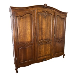 Vintage French Louis XVI Style Carved Oak 3-Door Armoire For Sale