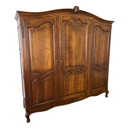 Vintage French Louis XVI Style Carved Oak 3-Door Armoire For Sale