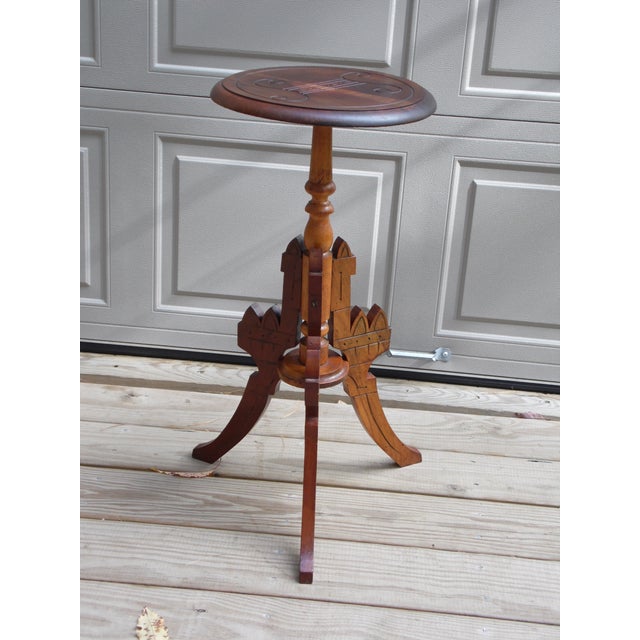 Vintage Victorian Eastlake Plant Stand Pedestal Occasional Table ~ Round beveled top with incised details sits on a...