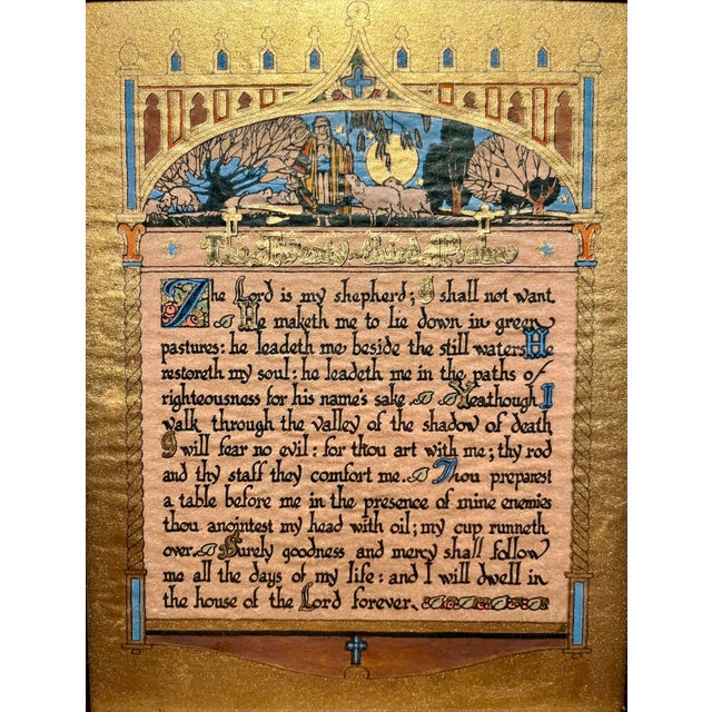 Circa 1920 Antique Illuminated Psalm 23 Gilded in Original Wooden Frame Description: Beautiful early 20th-century...