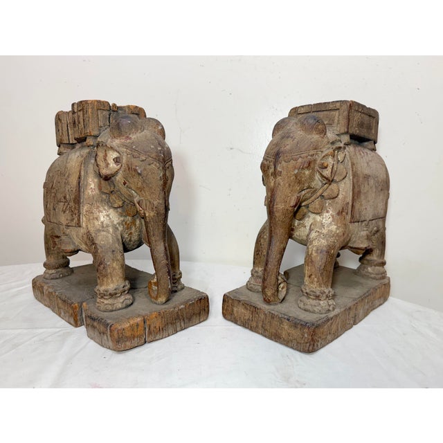 Pair of Antique 1700's Hand Carved Wood India Temple Salvage Elephant Sculptures For Sale - Image 16 of 18