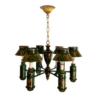 Vintage Painted Green and Gold Tole Chandelier For Sale