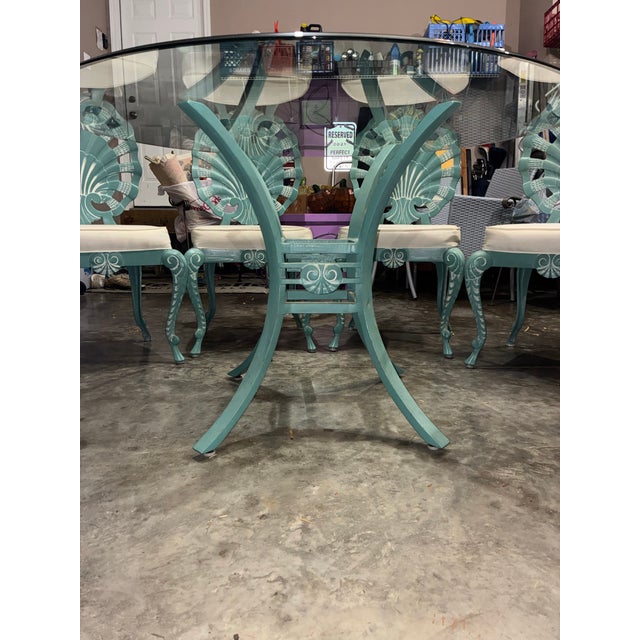 Mid 20th Century Hollywood Regency Veneman Cast Aluminum Clamshell Patio Set With Tags, Four Chairs, Bar Stools, and Glass Pedestal Table, 7 Pieces For Sale - Image 5 of 12