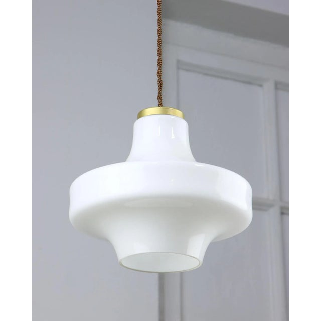 Mid-Century Pendant Lamp in White Glass and Brass For Sale - Image 10 of 12
