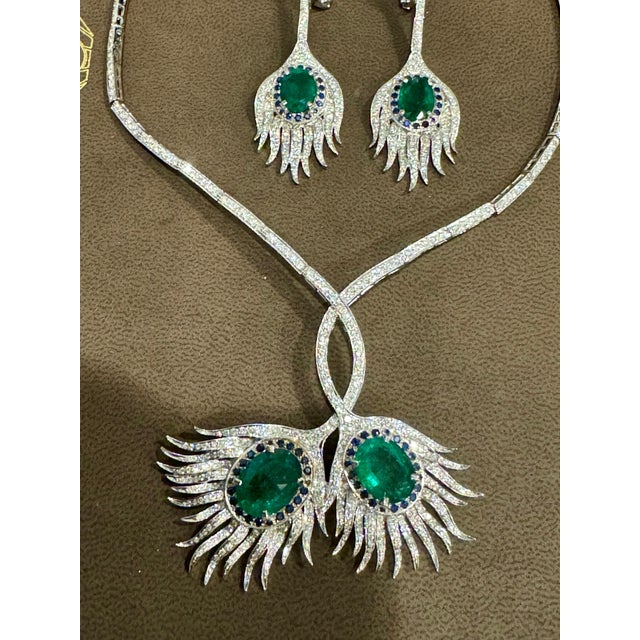 Gia Certified 20ct Zambian Emerald & 15ct Diamond Necklace Earring Suite 18kwg For Sale In New York - Image 6 of 8