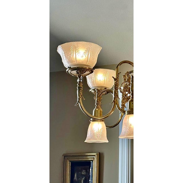 Vintage Brass 2-Up 2-Down Chandelier, Etched Glass Shades, Victorian Revival Lighting Fixture For Sale - Image 14 of 18