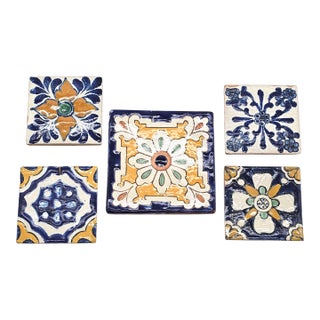 Hand-Painted Talavera Mexican Ceramic Tiles – Set of 5 Floral Folk Art Accents For Sale