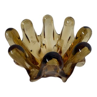 Vintage Murano Style Amber Art Glass Sculptural Catchall Bowl For Sale