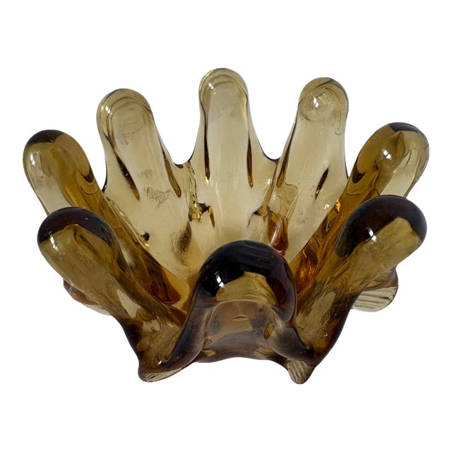 Vintage Murano Style Amber Art Glass Sculptural Catchall Bowl For Sale