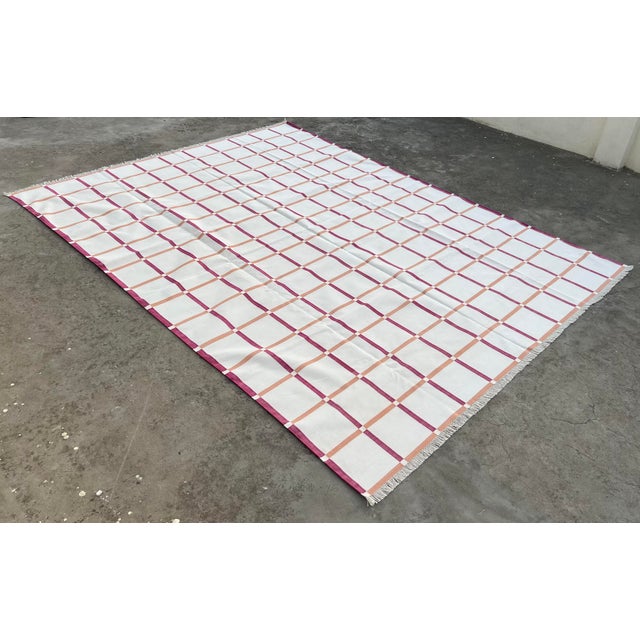 Mid-Century Modern Not Yet Made - Made To Order Handmade Cotton Area Rug Cream, Raspberry Pink & Terracotta Red Windowpane Dhurrie - 10'x14' For Sale - Image 3 of 11