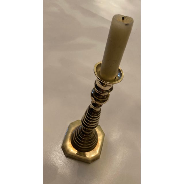 Metal Antique Victorian Beehive Turned Solid Brass Single Candlestick For Sale - Image 7 of 12