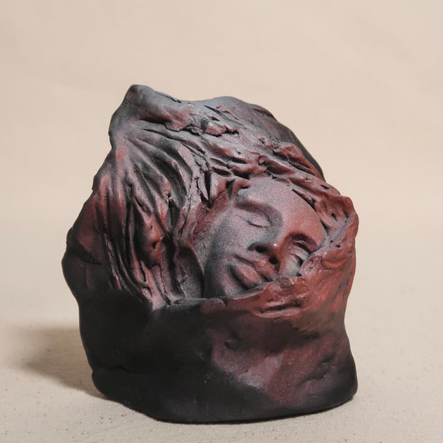 Handmade Figurative Ceramic Surreal Veiled Detailed Face Bust Sculpture in Charcoal and & Mauve Glaze For Sale - Image 15 of 17