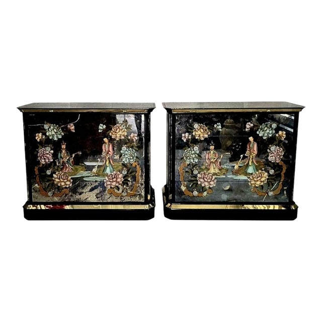 Rare Vintage Oversized Chinoiserie Emperor Verre Eglomise Black Mirrored Brass Painted 4 Drawer Chests Commodes- A Pair For Sale